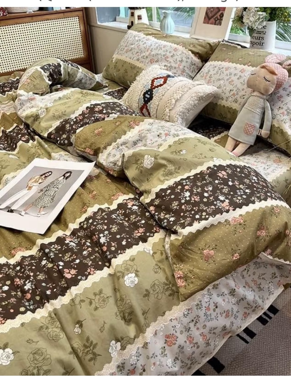 Vintage Style Olive Green Floral Cotton Queen Duvet Cover Set
